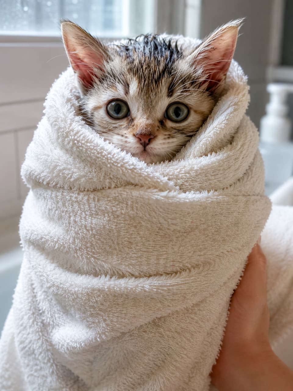 「お風呂上がりでサッパリにゃ🛁タオルに包まれて「おくるみ状態」の子猫ちゃん、目がクリクリで可愛すぎ! #猫のお風呂 #おくるみ猫 #猫のいる暮らし #子猫」Ultra-realistic high-quality photograph of a wide-eyed tabby and white kitten snugly wrapped in a fluffy, clean white bath towel after a bath. Its head fur is slightly damp, and it gazes directly forward with a curious expression as a hand gently cradles it. お風呂上がりで頭の被毛が少し濡れた状態のまま、ふんわりとした清潔な白いバスタオルにすっぽりとおくるみのように包まれたキジトラ白の短毛種の子猫。大きな潤んだ瞳で正面をじっと見つめており、背景には明るい浴室の窓と、人が優しく抱えている手が写っています