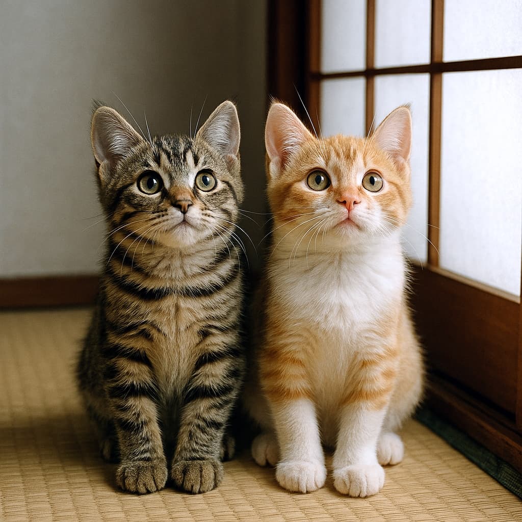 「ふたりはまるで鏡のよう！ぴったり揃ったおててと見上げる瞳に、きゅんと心がとろける障子前のシンクロニャイズド♡」Two kittens sitting side by side near a shoji screen, paws neatly aligned, gazing upward in soft natural light. 障子のそばで並んで座る２匹の子猫。前足を揃えて上を見上げる姿が愛らしく、柔らかな自然光が毛並みを優しく照らしている