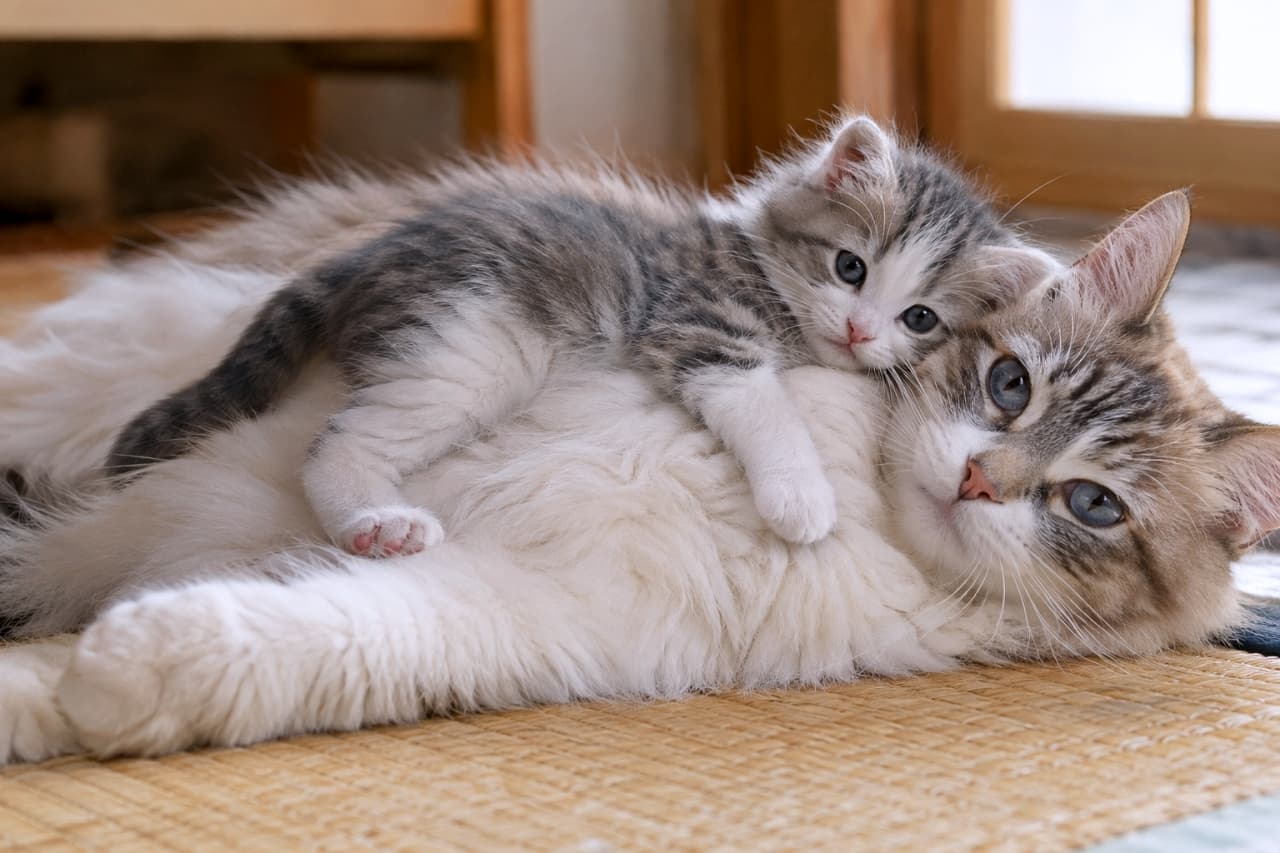 「ママのお腹の上は世界一落ち着く場所🐾ぬくもりに包まれて、すやすや幸せな夢の中へ……💤」Ultra-realistic high-quality photograph of a young fluffy mother cat with blue eyes lying on her side on a traditional tatami mat, while her small grey and white tabby kitten sprawls comfortably across her chest. Soft natural light streams from a background window, highlighting the delicate contrast in their fur textures and creating a heartwarming, peaceful atmosphere. 畳の上に横たわる長毛種風の若い母猫と、その胸の上に身をゆだねるように乗っている小さな子猫の姿。母猫はフワフワとした明るい毛並みとリンクスポイント風の模様を持ち、澄んだ青い瞳で優しくカメラを見つめている。子猫はシルバータビーとホワイトの毛並みで、小さな体で母猫にぴったりと寄り添い、共にリラックスした表情を浮かべている。和室の窓から差し込む柔らかい自然光が畳の質感や2匹の被毛の柔らかさを繊細に浮かび上がらせ、温かな空気感を醸し出している