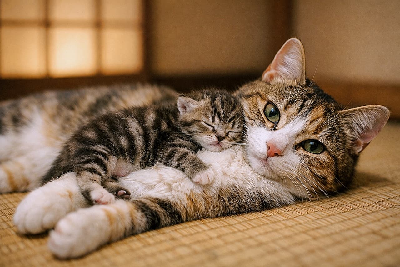 「胸の上が特等席。ぬくもり満点の親子タイム、静かに進行中」A young mother cat lying on her side on a tatami mat, with a tiny kitten sprawled across her chest, resting peacefully in soft natural light. 畳の上で横になり、胸の上に小さな子猫を乗せてくつろぐ若い母猫。やわらかな自然光に包まれてい