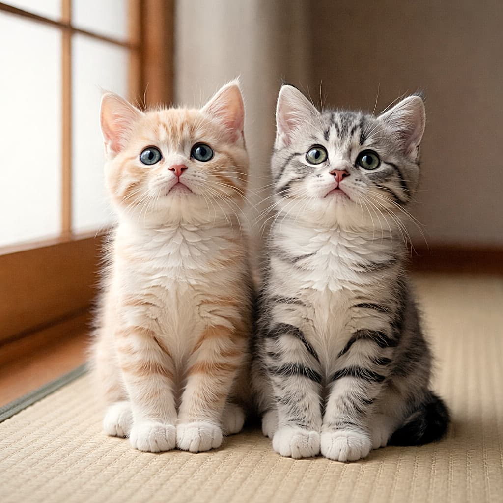「ぴたっとシンクロ。前足も視線もそろった、双子みたいな子猫たち🐾」Two kittens sitting side by side on tatami near a shoji screen, paws aligned neatly, looking up together with soft natural light and realistic detail. 障子のそばの畳に並んで座り、前足をそろえて同じ方向を見上げる2匹の子猫。柔らかな自然光と高精細な質感