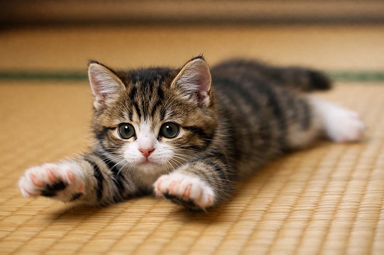 「畳の上でツルッ！全力スライディングな子猫、可愛さが止まらない瞬間🐾」Playful kitten sliding across a tatami mat with front paws stretched forward, face in sharp focus and subtle motion blur on limbs 畳の上を滑りながら前足を伸ばす子猫。顔はくっきり、手足だけに動きのブレがある瞬間