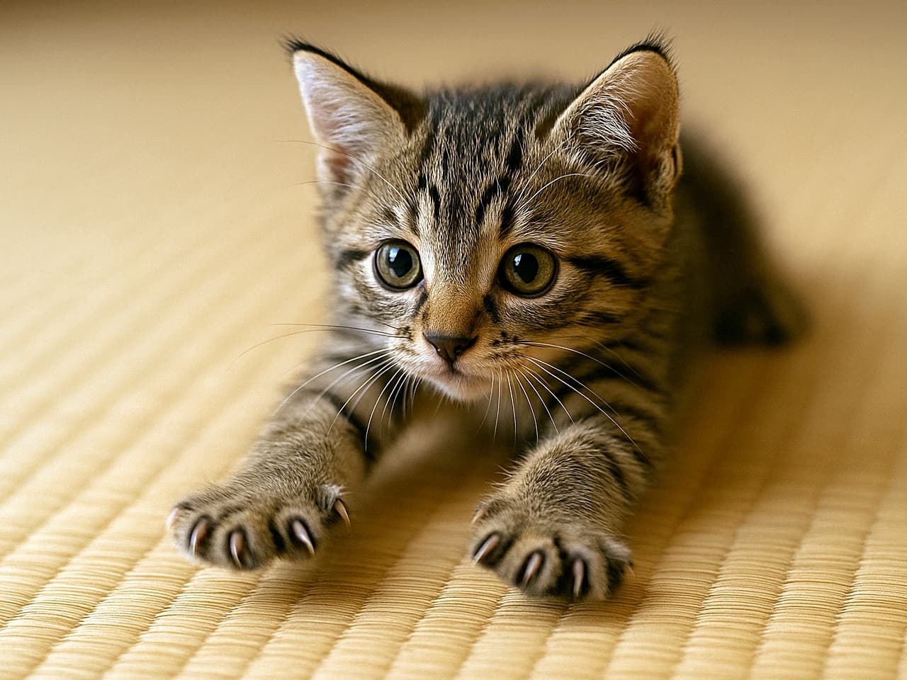 「畳で全力スーッ！止まり方をまだ知らない子猫の可愛さが爆発🐾」Playful kitten sliding forward on a tatami mat, front paws stretched out with tiny claws visible, face sharply focused 畳の上を前足を伸ばして滑る子猫。小さな爪が見え、顔はくっきり写っている