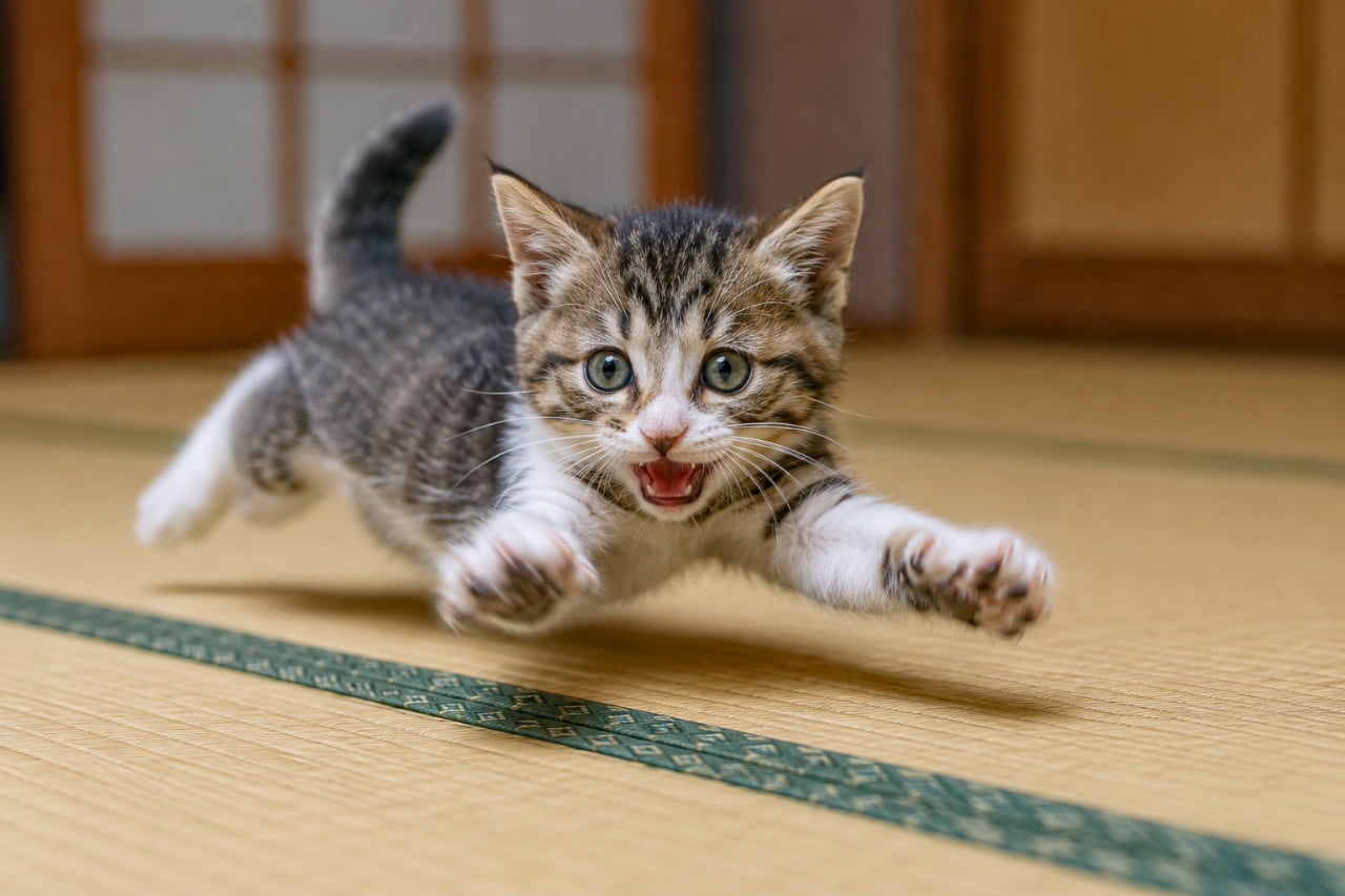 「激写!📸畳の上を大ジャンプするスーパー子猫現る💨元気いっぱいな姿にこっちまでパワーをもらえちゃう🔥」Ultra-realistic high-quality photograph of an energetic tabby and white kitten jumping dynamically towards the camera on a traditional Japanese tatami mat. The kitten has its front paws spread out, showing its pads with its mouth open mid-meow, against a softly blurred shoji background. 伝統的な和室の畳の上で、カメラに向かって勢いよく大ジャンプしているリアルなキジ白(タビー&ホワイト)の子猫の写真。両前足を大きく広げて可愛い肉球を見せ、口を大きく開けて元気いっぱいに鳴いており、背景の障子や襖が綺麗にボケて躍動感を引き立てています