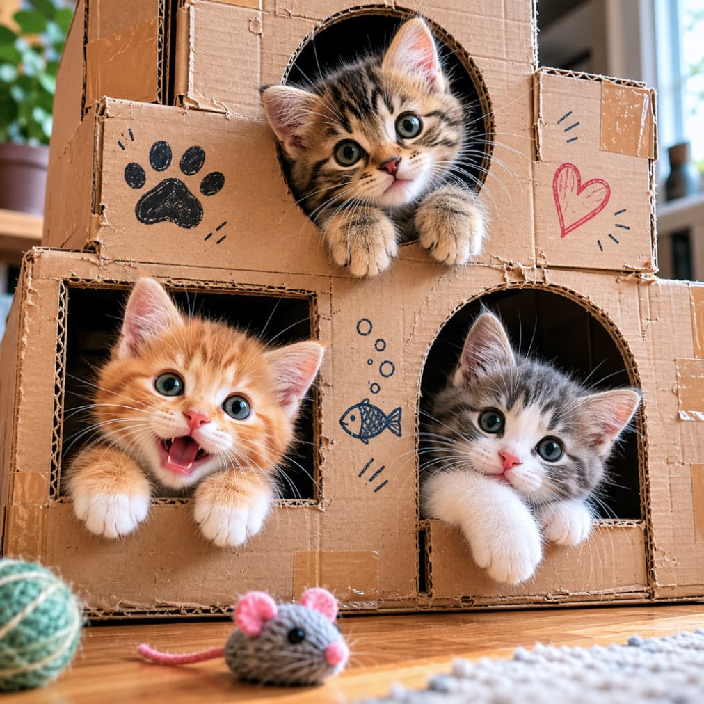 「にゃんこ城の住人たちがお出迎え!🏰🐾 元気いっぱいな姿にこっちまで笑顔になっちゃう😆 #猫の遊び場 #多頭飼い」Ultra-realistic high-quality photograph of three adorable kittens peeking out from a homemade cardboard castle decorated with cute drawings. A brown tabby is on top, a meowing ginger kitten on the bottom left, and a grey-and-white kitten on the right, with cat toys in the foreground. 肉球や魚、ハートの手書きイラストが描かれた手作りのダンボール城から、元気いっぱいに顔を出す3匹の子猫たち。一番上には好奇心旺盛なキジトラ、左下には「ニャー」と口を大きく開けた活発な茶トラ、右下にはクリクリの瞳のサバ白がおり、手前にはネズミと毛糸のおもちゃが転がっています