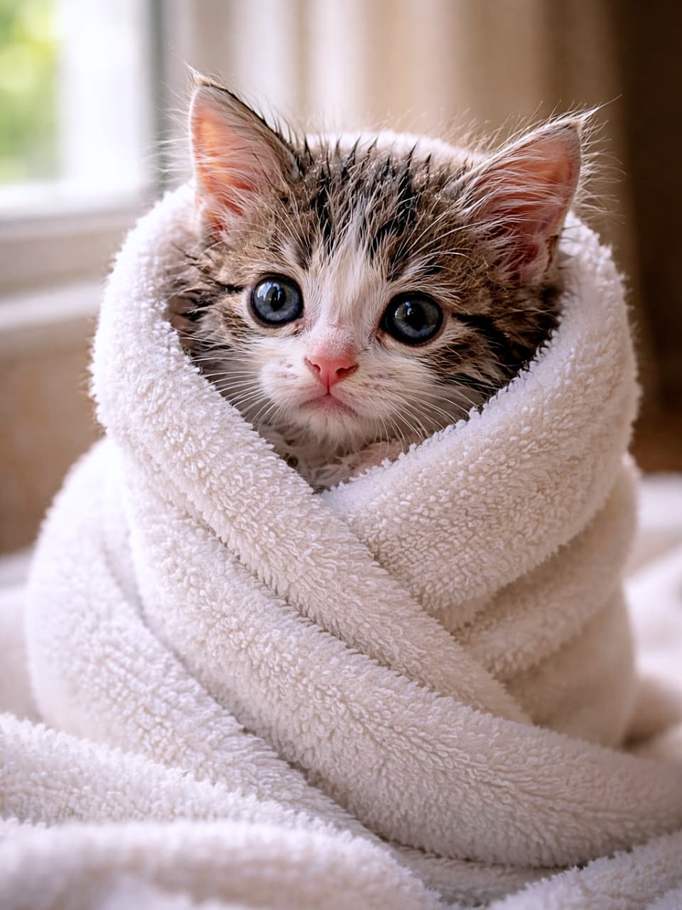 「お風呂がんばったご褒美タイム。タオル巻き巻き、ぬくぬく子猫です🐾」Post-bath kitten wrapped in a towel like a burrito, ears perked, damp nose tip, warm bathroom light, ultra-realistic portrait. お風呂上がりの子猫がタオルに包まれ、耳を立ててこちらを見る。鼻先だけが少し濡れた、温かい光のポートレート