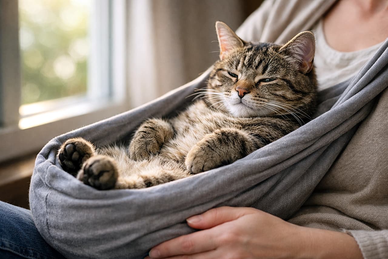 「スリングの中は安心空間。とろ〜ん顔でお昼寝モードのにゃんこ🐾」A relaxed young tabby cat resting in a soft fabric sling across a person’s lap, softly lit by window light, with detailed fur texture and a calm, half-closed gaze. 窓からの自然光に照らされ、布製スリングの中で膝の上にくつろぐ若いキジトラ猫。半目で穏やかな表情を浮かべている