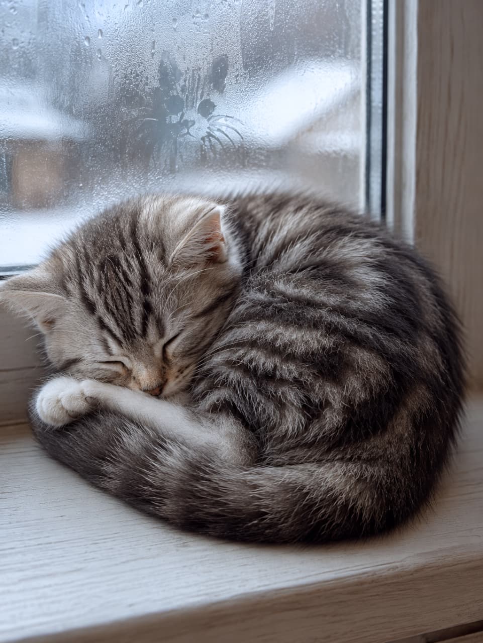 「寒い冬の日のあったかな特等席❄️結露した窓に描かれた猫のイラストと、丸まる子猫のコラボがエモすぎる…✨」Ultra-realistic high-quality photograph of a silver tabby kitten curled up and sleeping soundly on a cold window sill. The glass is covered in condensation with a playful cat face drawn on it, overlooking a snowy, out-of-focus background in muted tones. うっすらと雪が積もった屋外を背景に、水滴で結露した窓サッシの狭いスペースで、体を丸めてぐっすりと眠っているシルバータビー(サバトラ)の子猫の写真。窓ガラスには指で描いたような猫の顔のシルエットがあり、冬のひんやりした空気と子猫のぬくもりが同居しています