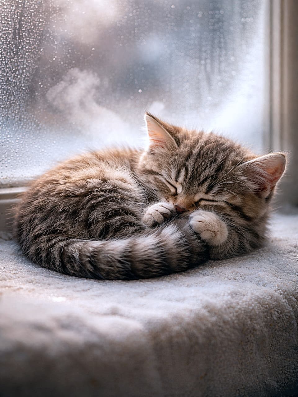 「しっぽを抱いてドーナツ寝。
寒い窓辺でも、ぬくもりは満点の子猫です 🐾」A sleeping kitten curled into a tight donut on a windowsill, tail tucked between paws, soft breath fogging the cold glass, ultra-detailed fur in serene winter light. 寒い窓辺でしっぽを抱えて丸く眠る子猫。吐息で窓がわずかに曇り、毛並みの渦まで精細に写る静かな冬の一瞬