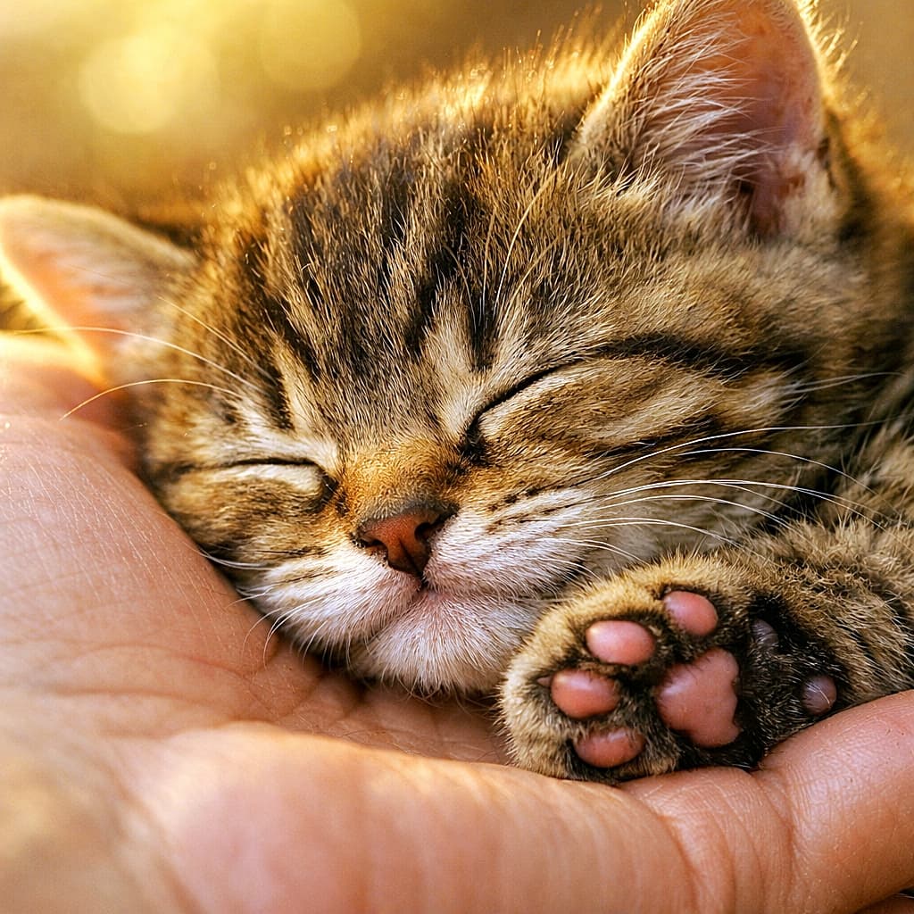 「手のひらサイズのぬくもり。肉球もひげも、安心しきっておやすみ中🐾」A sleeping kitten resting its head on a human palm, tiny paw pads and whiskers gently squished, captured in warm golden hour light with macro detail. 人の手のひらに頭を乗せて眠る子猫。肉球とひげがやさしく潰れ、ゴールデンアワーの暖かな光に包まれている