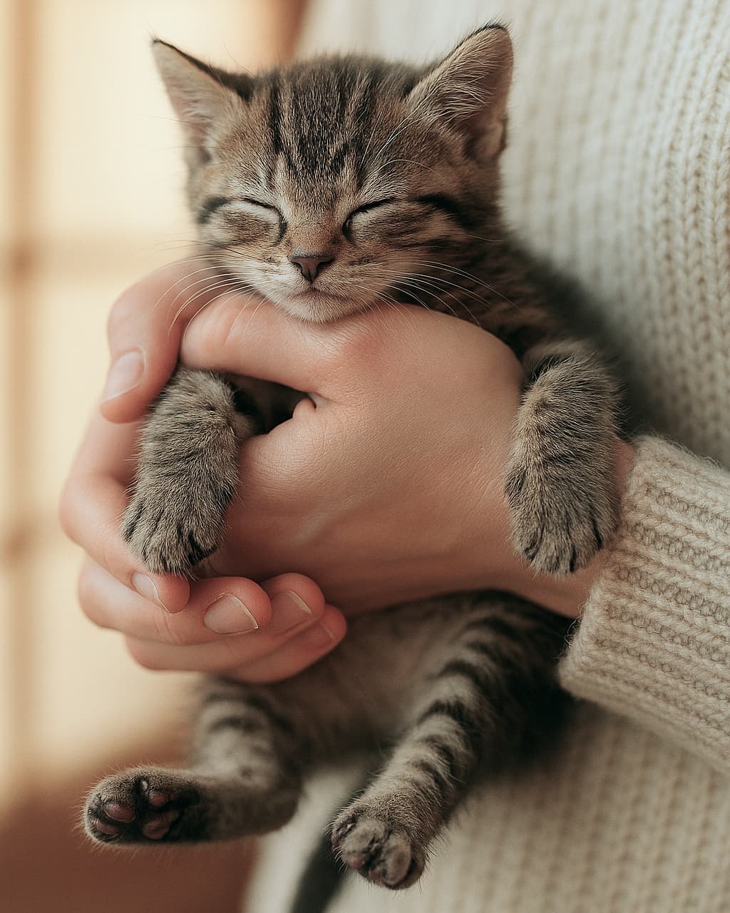 「人間の手の中は世界で一番あったかい特等席にゃん…💤 守りたくなる、この小さな寝顔に癒されて #子猫」An ultra-realistic high-quality photograph of a tiny brown tabby newborn kitten sleeping peacefully while being gently cradled in a person's hands. The person wears a cozy white knit sweater, creating a warm, comforting atmosphere with soft ambient light highlighting the kitten's fine tabby patterns. 暖かみのある白いざっくりとしたニットを着用した人間の両手に、優しく包み込まれるようにホールドされて安心しきって目を閉じ、すやすやと眠っているキジトラ(ブラウンタビー)の赤ちゃん子猫。小さな肉球が見える後ろ足が可愛らしく垂れ下がり、柔らかな自然光が繊細な被毛を優しく照らしています