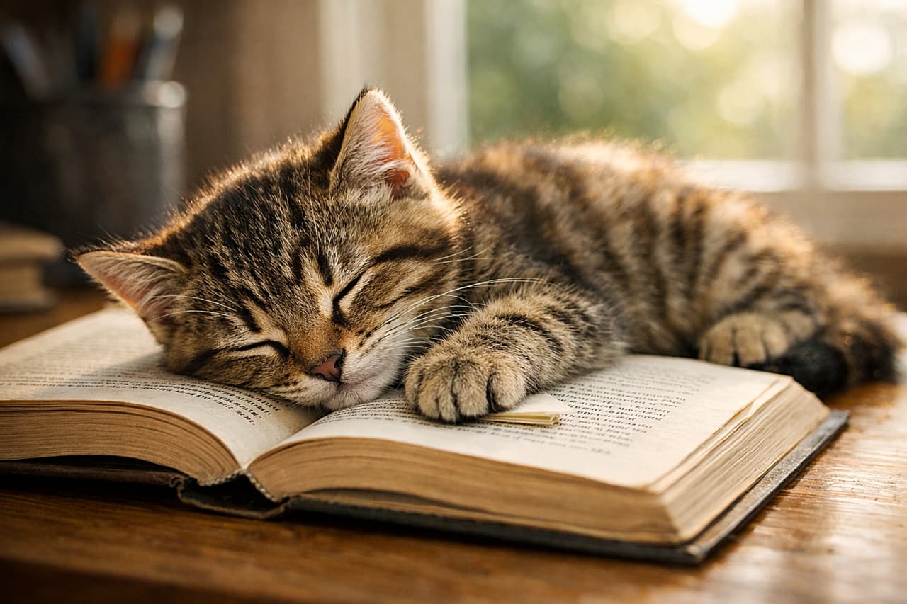 「本を読むつもりが、先に夢の世界へ。しおり係は、ふわふわの前足です🐾」A sleepy tabby kitten draped over an open book, cheek pressed to the page, paw used as a bookmark, softly backlit by window light. 開いた本の上で頬をページに押し当て、前足をしおり代わりに眠る子猫。窓からの逆光に包まれている