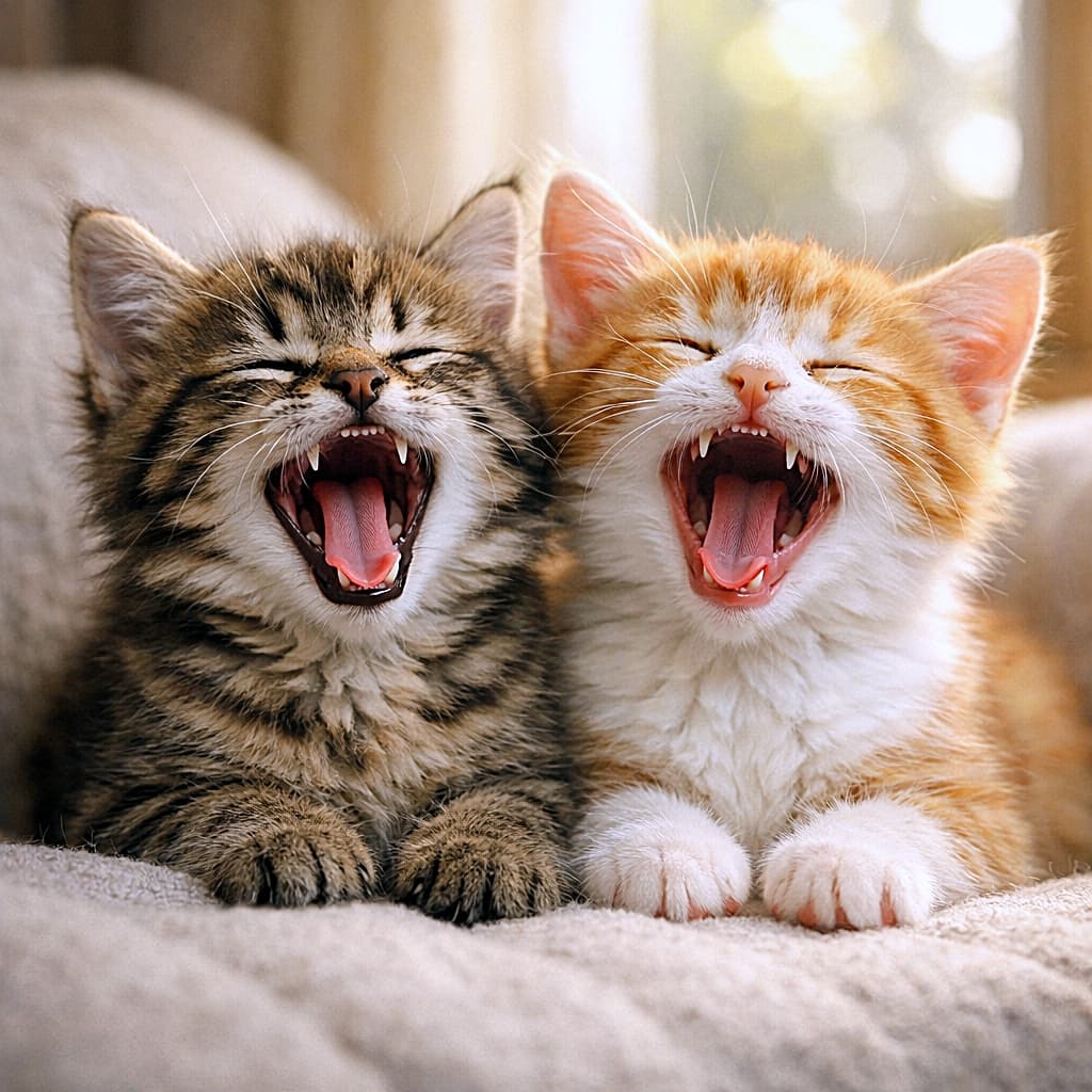 「あくびまで息ぴったり🐾午後の光に包まれて、眠気がシンクロする子猫たち」Two kittens yawning almost in perfect sync on a sofa, tiny tongues visible, lit by warm late afternoon window light with soft fabric details. ソファの上でほぼ同時にあくびをする2匹の子猫。小さな舌が見え、夕方の窓からの柔らかな光に包まれている