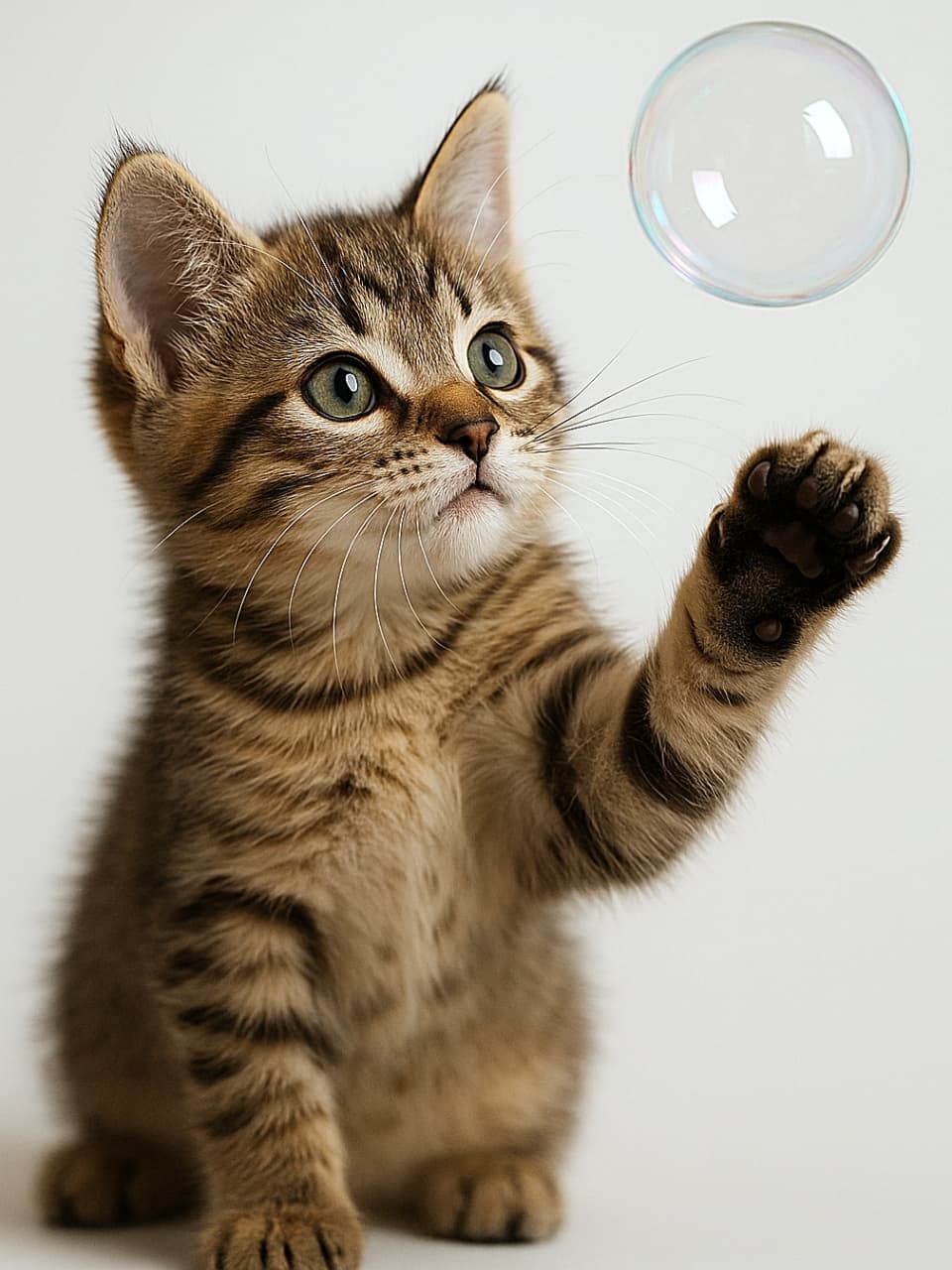 「つん、って触れたら消えちゃう？子猫の時間が、ここだけゆっくり流れる🫧🐾」A small tabby kitten standing upright, gently lifting one paw toward a translucent soap bubble, eyes focused with quiet concentration against a minimal backdrop. シャボン玉をじっと見つめながら、片足をそっと持ち上げる小さなキジトラの子猫。静かな背景に集中した表情が映える