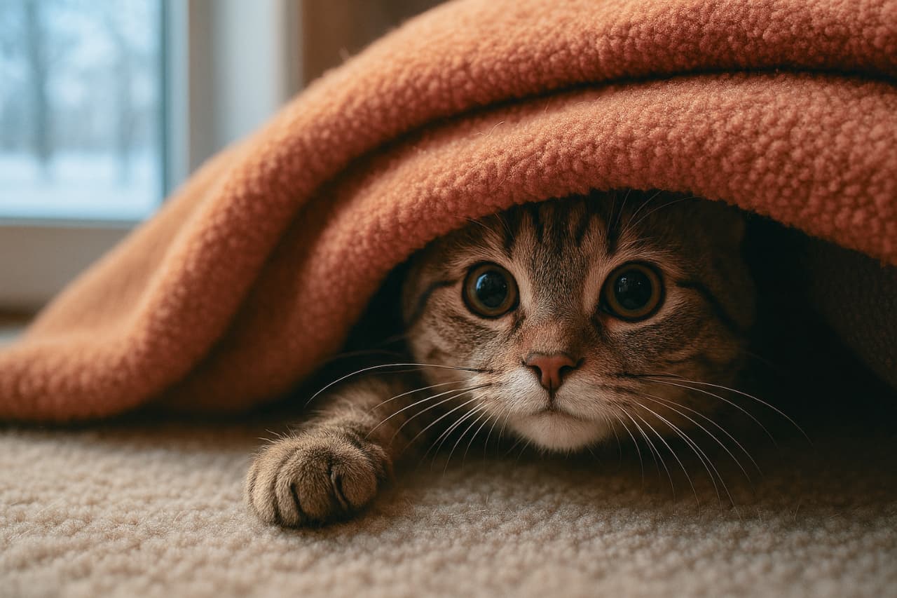 「毛布の中からチラッ👀✨「見つかっちゃった!」と言いたげな、くりくりお目目にハートを射抜かれちゃう💘 #チラ見猫 #あざとかわいい #キジトラ #子猫」An ultra-realistic high-quality close-up photograph of a tabby kitten with large, luminous round eyes peeking out from underneath a soft orange blanket. The kitten has one paw extended onto the beige carpet, capturing a curious and playful expression. 鮮やかなオレンジ色の温かみのある毛布の下から、くりくりとした大きな瞳でこちらをじっと見つめるキジトラの子猫。カーペットの上に片方の可愛い前足を伸ばし、今にも飛び出してきそうな好奇心旺盛な表情を捉えた、超高画質でリアルなクローズアップ写真