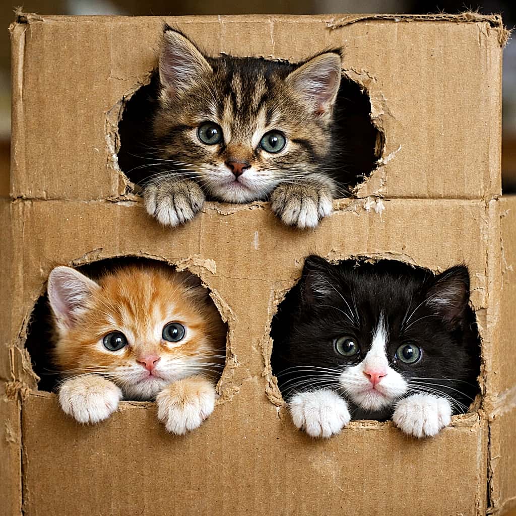 「段ボール要塞からひょっこり🐾今日も子猫たちは探検といたずらに夢中です」Three playful kittens peeking out from different holes of a cardboard box fort, paws resting on the edges, captured in soft indoor natural light. 段ボールで作られた秘密基地の穴から、前足をかけてこちらを覗く3匹の子猫たち。室内の自然光に包まれた可愛らしい光景