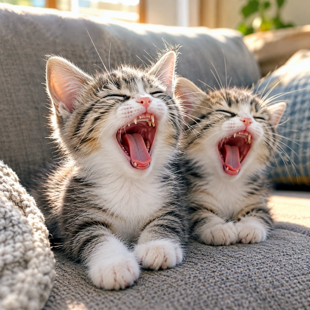 「ふぁ〜あ…息もぴったり！夕暮れの光の中で2匹揃っておやすみモードだよ😴た〜っぷり癒やされてね🐾」Ultra-realistic high-quality photograph of two adorable tabby kittens sitting side by side on a fabric sofa, synchronously mid-yawn with their mouths wide open, exposing their tiny teeth and pink tongues. Late afternoon warm sunlight streams from a window behind them, illuminating the soft texture of their fur with a beautiful golden rim light against a cozy, soft-focus living room background. 2匹のキジトラ柄の子猫が、布製ソファの上で並んで口を大きく開けてあくびをしている愛らしい瞬間。向かって左側の手前に位置する子猫と、右側の少し奥に位置する子猫がほぼ同時にシンクロしてあくびをしており、小さな歯やピンク色の舌の質感まで鮮明に映し出されている。夕方の温かい自然光が窓から差し込み、子猫たちの柔らかい被毛の輪郭を黄金色に逆光で照らしている。背景にはソファの生地やクッションの質感が優しくボケて広がり、温もりと清潔感に満ちた情景を描き出している