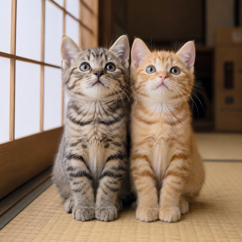 「何を見つめているのかな?お行儀よく並んで上をチェックする仲良しコンビにキュン死確定です…💘」Ultra-realistic high-quality photograph of two adorable kittens, a brown tabby and a ginger tabby, sitting perfectly side-by-side on a tatami mat next to a shoji screen. Both are looking up in unison with curious eyes, captured in soft, diffused indoor light. 和室の障子窓の隣で、畳の上に綺麗に並んでお行儀よく座っているキジトラと茶トラの子猫2匹の写真。2匹ともまったく同じ角度で少し上方を興味深そうに見上げており、澄んだ瞳に柔らかな自然光が反射して、温かみのあるレトロな空間を演出しています