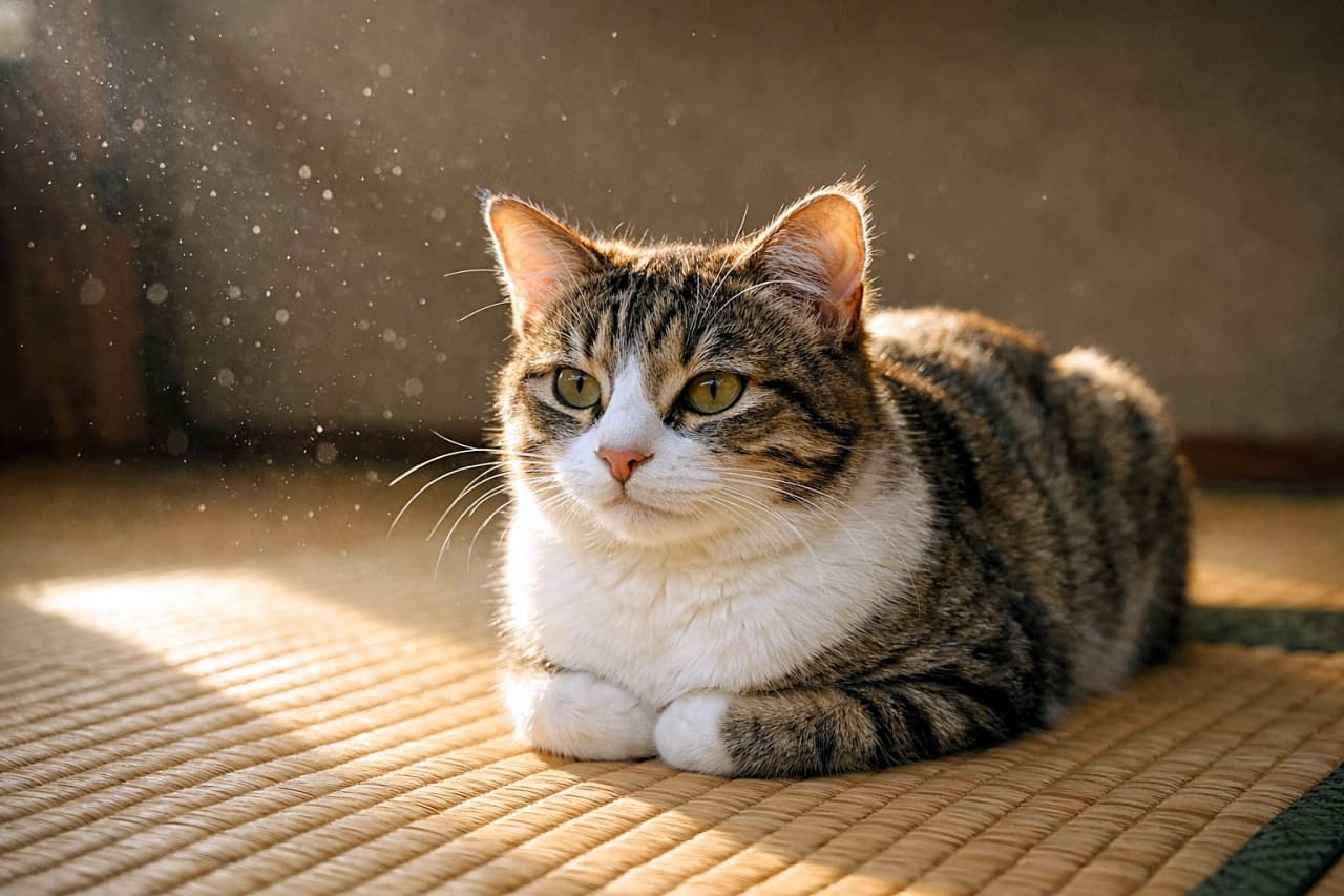 「陽だまり独り占め中☀️畳×香箱座り×猫＝最強の癒し時間です」A young cat resting in a loaf position on sunlit tatami, ears softly backlit, dust motes floating in the warm air, with a calm and serene expression. 畳に差し込む陽だまりの中で香箱座りをする若い猫。逆光に透ける耳と舞う埃、穏やかな表情が印象的