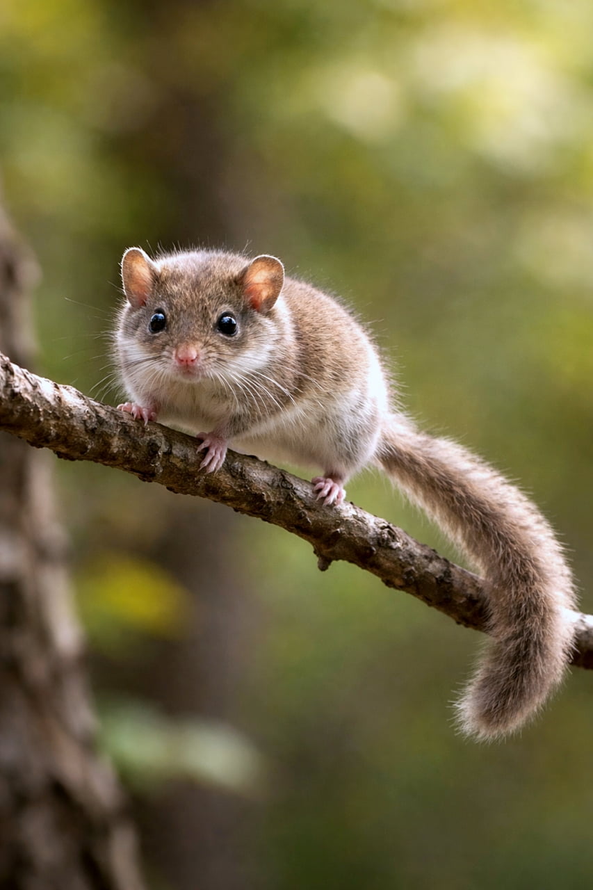 「細い枝の上で絶妙バランス。しっぽまで全力、これがニホンヤマネの本気です」A photorealistic Japanese dormouse balancing on a thin tree branch, using its long tail for support in a natural forest setting. 細い木の枝の上で、長い尾を伸ばしてバランスを取るニホンヤマネのリアルな高解像度写真