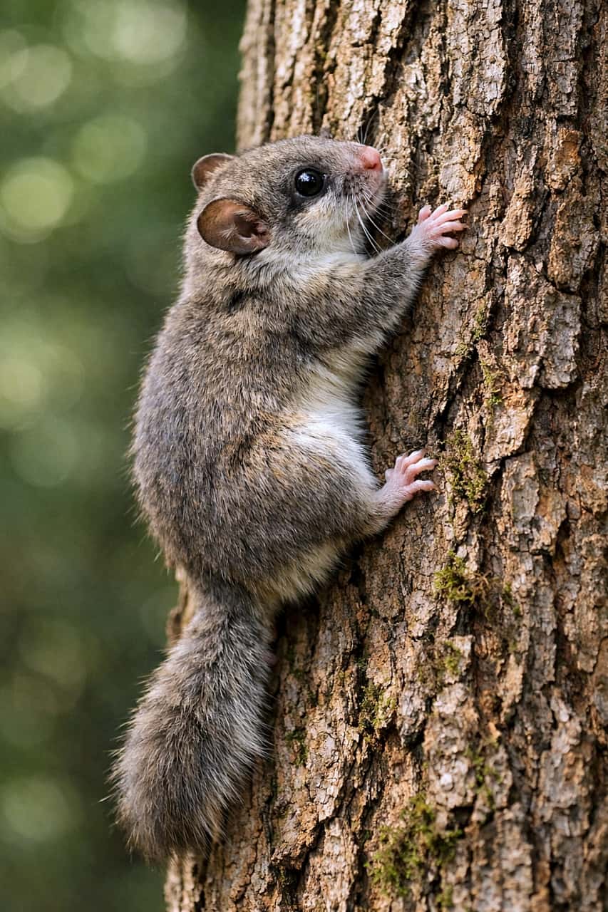 「つぶらな瞳で木登り中。小さな体に詰まった、森の冒険心が止まらない！」A Japanese dormouse climbing up a tree trunk, gripping the rough bark with its small paws in a forest setting. 森の中で、ニホンヤマネが木の幹を小さな前足でしっかりつかみながら登っている様子