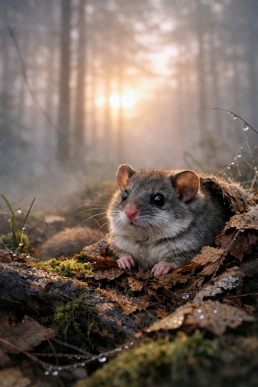 「朝霧の森でおはよう。小さな主役、ニホンヤマネの静かな目覚め☀️」A Japanese dormouse waking up at dawn in a misty forest, illuminated by soft morning light. 朝霧に包まれた森で、夜明けとともに目覚めるニホンヤマネ