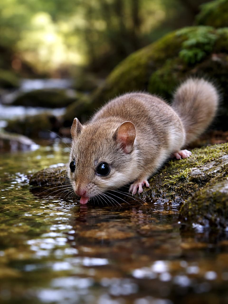 「森のせせらぎでひと休み。ちいさなヤマネの、つやつや給水タイム🐿️💧」A photorealistic Japanese dormouse drinking water from a clear forest stream, perched on a mossy rock with soft natural light and detailed fur. 苔むした岩の上で、森の清流の水を飲むニホンヤマネのフォトリアルなクローズアップ写真