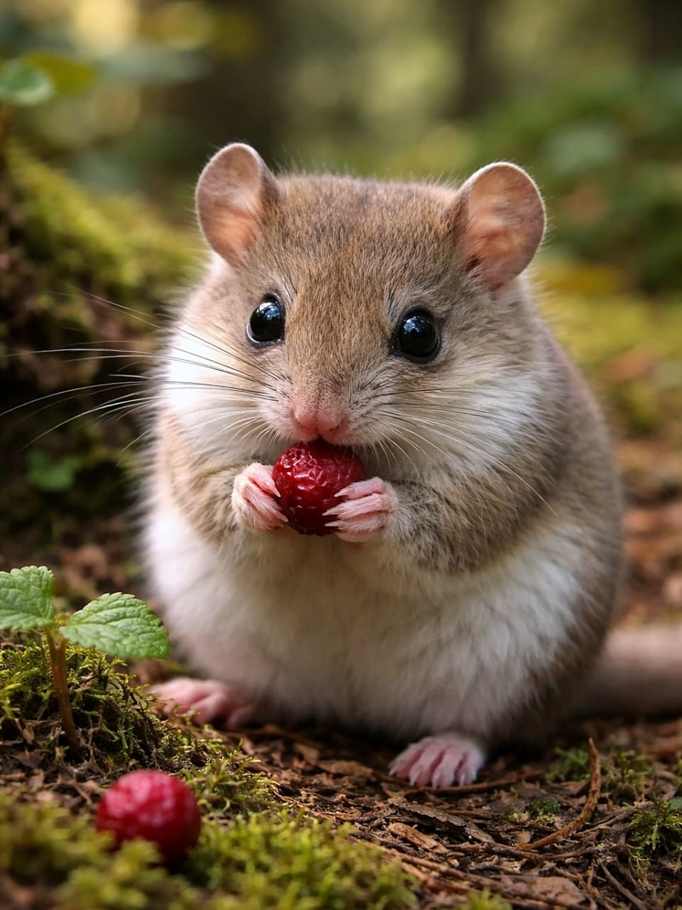 「ちいさな両手で木の実タイム。森の静けさまで味わっていそうなニホンヤマネ🍓🌲」A photorealistic Japanese dormouse holding a small forest berry with its tiny paws and eating it on a mossy forest floor. 苔むした森の地面で、小さな木の実を両手で持って食べるニホンヤマネのリアルな写真
