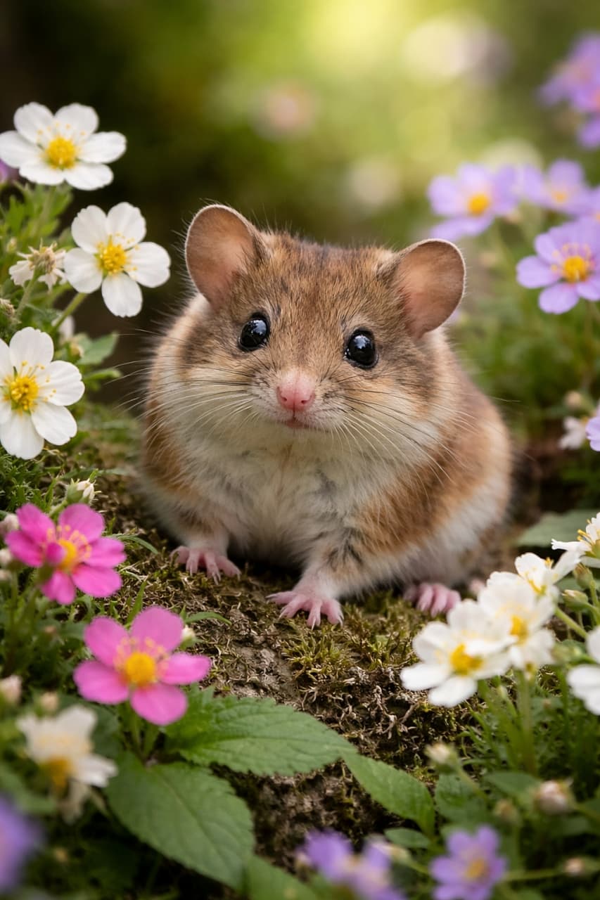 「お花畑のど真ん中でひと休み🌼春の森に溶け込む、ニホンヤマネの癒しショット」A photorealistic Japanese dormouse sitting on a forest floor, surrounded by blooming wildflowers in soft natural light. 春の森で咲く野花に囲まれて座るニホンヤマネのフォトリアルな高精細写真