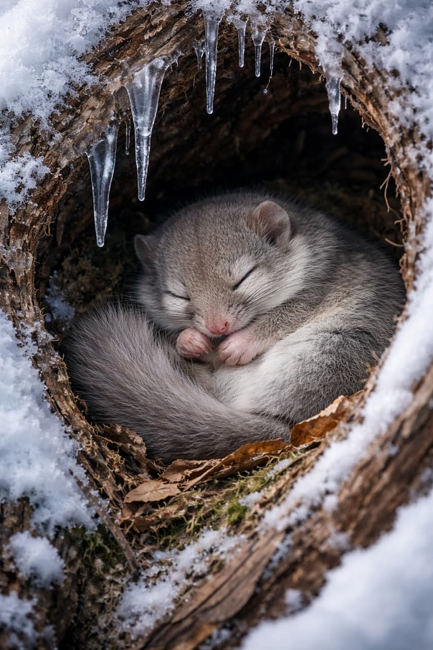 「氷柱のカーテンの奥で、ヤマネは夢の世界へ。冬の森がそっと守る、静かすぎる寝息」A Japanese dormouse hibernating peacefully inside a snowy tree hollow, curled up among moss and dry leaves, with icicles hanging from the hollow’s edge. 雪に覆われた木のうろの中で、苔と枯れ葉に包まれて冬眠するヤマネ。入り口には氷柱が垂れ下がっている