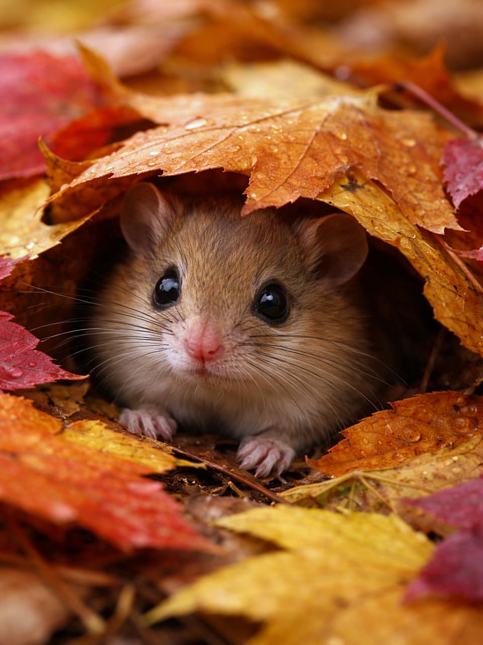 「落ち葉のお布団から、ひょっこり。秋限定のもふもふ、見つかりました🍂」A Japanese dormouse hiding under colorful autumn leaves, peeking out with bright eyes, photorealistic and detailed. 色とりどりの秋の落ち葉の下に隠れ、つぶらな瞳で顔をのぞかせるヤマネ