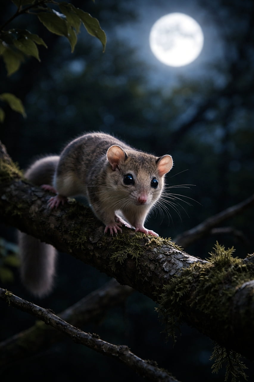 「月明かりを味方に、夜の枝先をひょいひょい。ニホンヤマネ、静かな冒険の時間」A Japanese dormouse moving carefully across a tree branch at night, illuminated by soft moonlight in a quiet forest. 月明かりに照らされながら、夜の森で木の枝を移動するニホンヤマネ