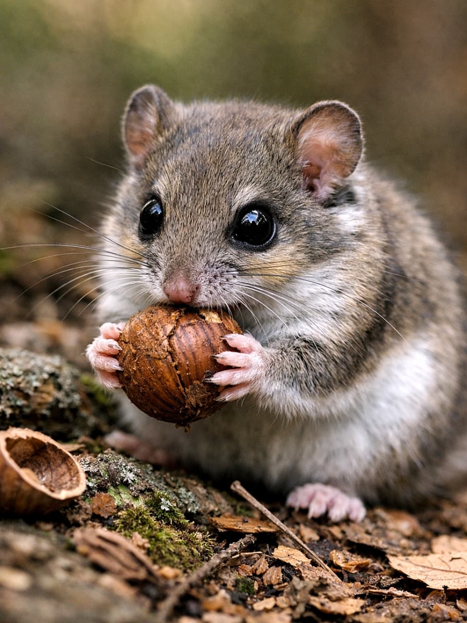 「両手で大事そうにカリカリ。森のおやつ時間を満喫するニホンヤマネ🐿️✨」A photorealistic close-up of a Japanese dormouse nibbling on a nut in a forest, holding it with tiny paws under soft natural light. 森の中で木の実を両手で抱え、かじっているニホンヤマネのフォトリアルなクローズアップ画像