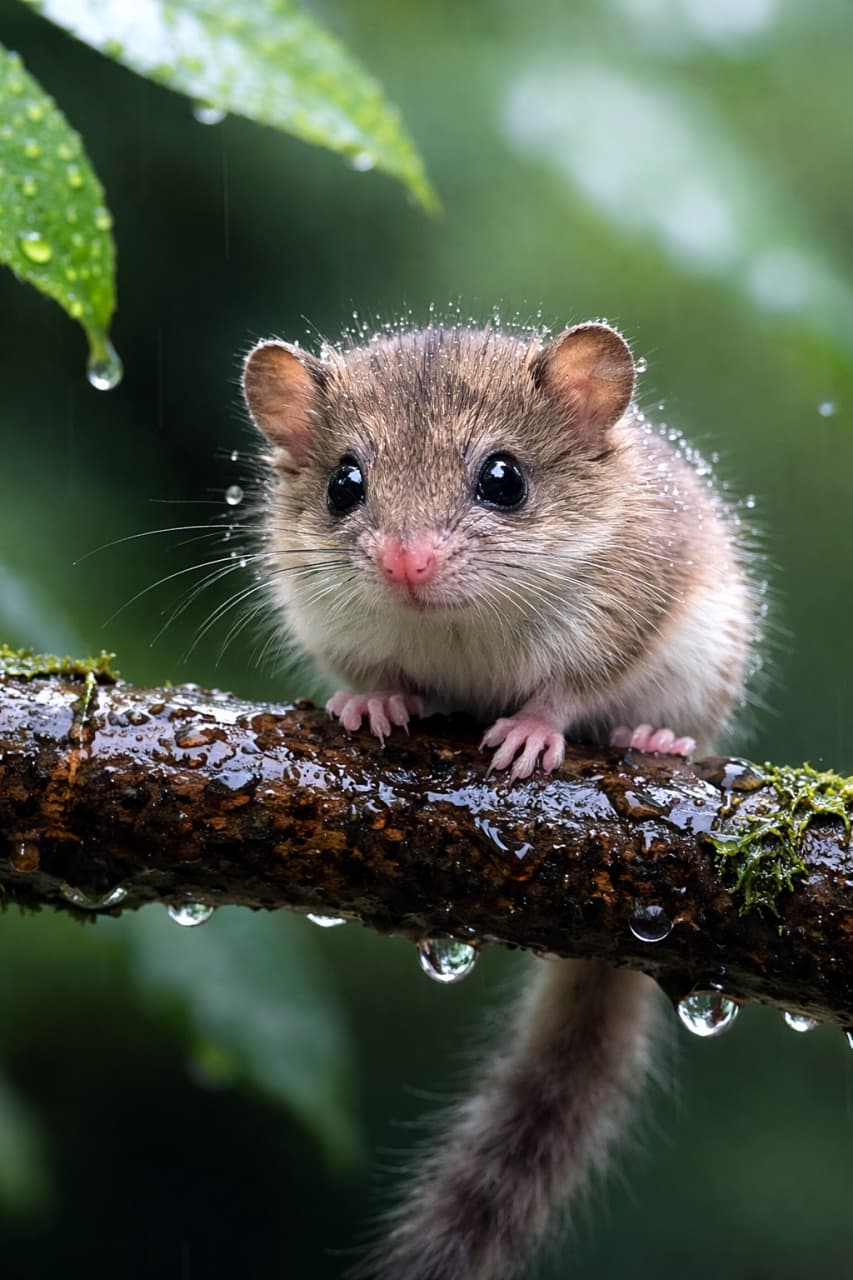 「巣穴からひょっこり👀「今、出ても大丈夫？」と様子見中のニホンヤマネ」A Japanese dormouse peeking out from a nest hole in a tree, with large black eyes and soft brown fur, captured in a photorealistic high-resolution close-up. 木の幹にある巣穴から顔をのぞかせるニホンヤマネ。大きな黒い瞳と柔らかな茶色の毛並みが印象的な高精細クローズアップ