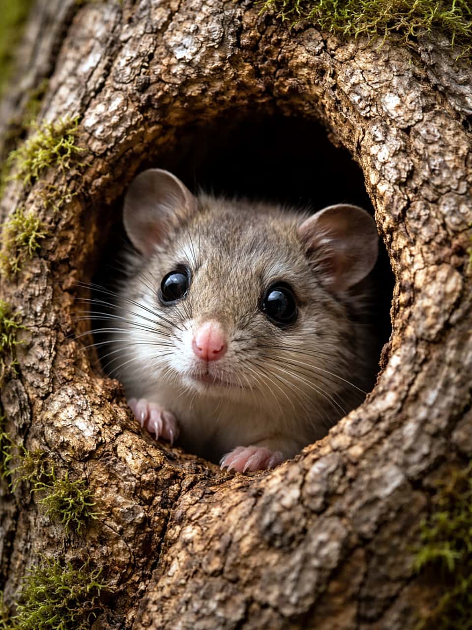 「巣穴からひょっこり👀「今、出ても大丈夫？」と様子見中のニホンヤマネ」A Japanese dormouse peeking out from a nest hole in a tree, with large black eyes and soft brown fur, captured in a photorealistic high-resolution close-up. 木の幹にある巣穴から顔をのぞかせるニホンヤマネ。大きな黒い瞳と柔らかな茶色の毛並みが印象的な高精細クローズアップ