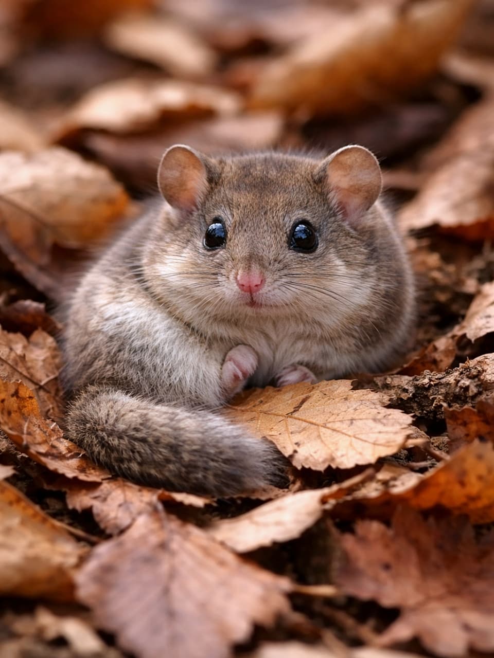 「落ち葉のおふとんでひと休み。つぶらな瞳のニホンヤマネ、秋の森で充電中🍂」A photorealistic Japanese dormouse resting quietly on a bed of fallen autumn leaves in a forest. 落ち葉に包まれて静かに休むニホンヤマネのフォトリアルな高解像度写真