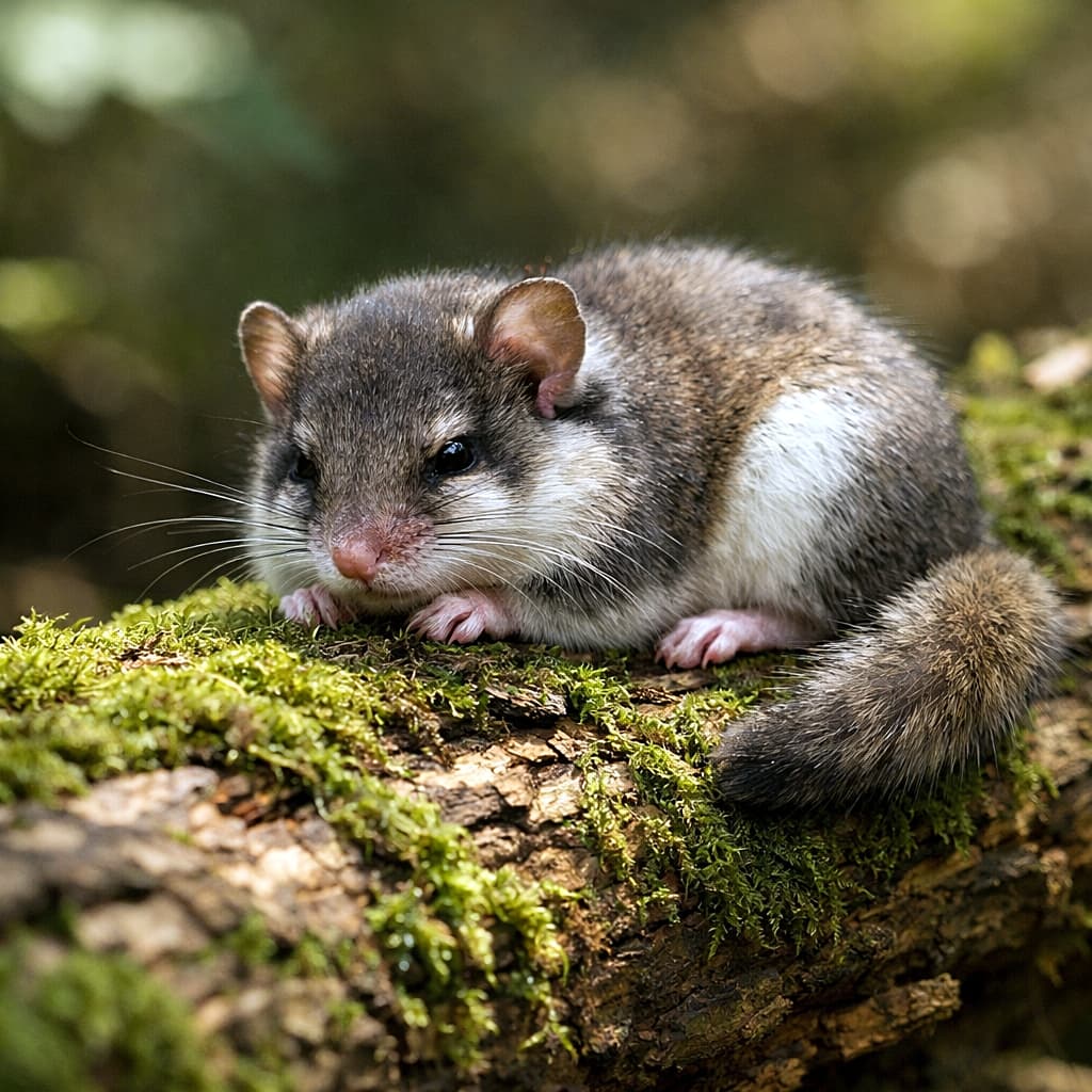 「苔のベッドでひと休み。木漏れ日に包まれて、ヤマネは今日も省エネモード」A Japanese dormouse resting on a moss-covered log under soft, dappled sunlight in a quiet forest, captured in high-resolution photorealistic detail. 木漏れ日が差し込む森の中で、苔むした倒木の上にちょこんと休むニホンヤマネの姿を高精細で写した写真