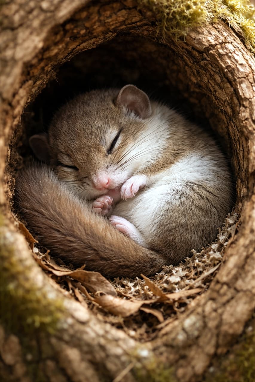 「木のうろが、最高に安心できるベッド。丸くなって夢の世界へ…起こさないでください🐿️」A photorealistic Japanese dormouse curled up asleep inside a tree hollow, with soft fur and delicate paws visible in natural light. 木の洞の中で丸くなって眠るニホンヤマネ。柔らかな毛並みと小さな手足が自然光の中で写るリアルな写真