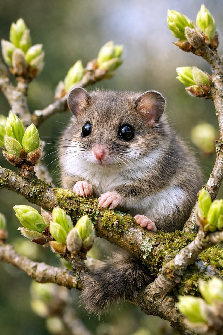 「春の新芽に囲まれて、ひょっこり登場🌸目が合った瞬間、時が止まるニホンヤマネ」A Japanese dormouse sitting on a mossy branch surrounded by fresh green spring buds, photographed in high resolution with realistic detail. 春の新芽に囲まれ、苔むした枝の上に座るニホンヤマネの様子を高精細で写したリアルな写真