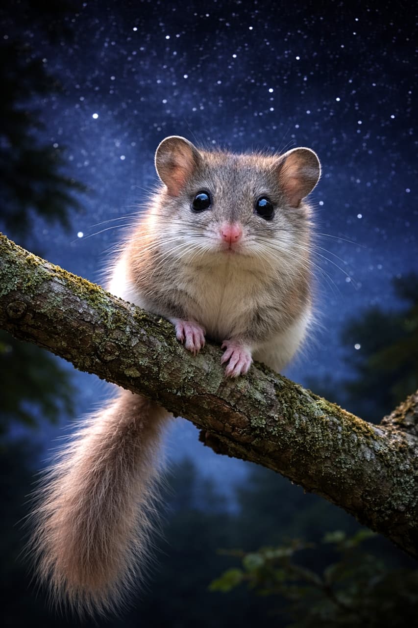 「星降る夜の特等席。枝の上でこっそり星空観賞するニホンヤマネ🪐✨」A Japanese dormouse sitting on a tree branch under a starry night sky, photorealistic and highly detailed. 星空の下、木の枝に座るニホンヤマネのリアルで高精細な姿