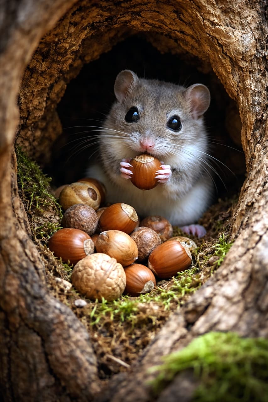 「冬支度はぬかりなく。木のうろでコツコツ貯金中のニホンヤマネさん🐿️✨」A photorealistic Japanese dormouse storing nuts inside a hollow tree trunk, holding a hazelnut and surrounded by acorns. 木の洞の中でどんぐりや木の実を蓄えるニホンヤマネの姿（フォトリアル）