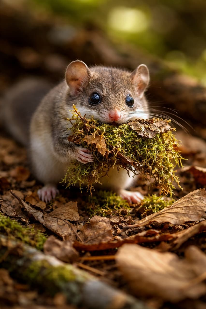 「冬にそなえて、もふもふ準備中。苔と落ち葉を抱えたヤマネの小さな大仕事🍂」A Japanese dormouse gathering moss and dry leaves on the forest floor to build a winter nest, photorealistic close-up. 冬の巣作りのために森の地面で苔や枯れ葉を集めるヤマネのクローズアップ写真