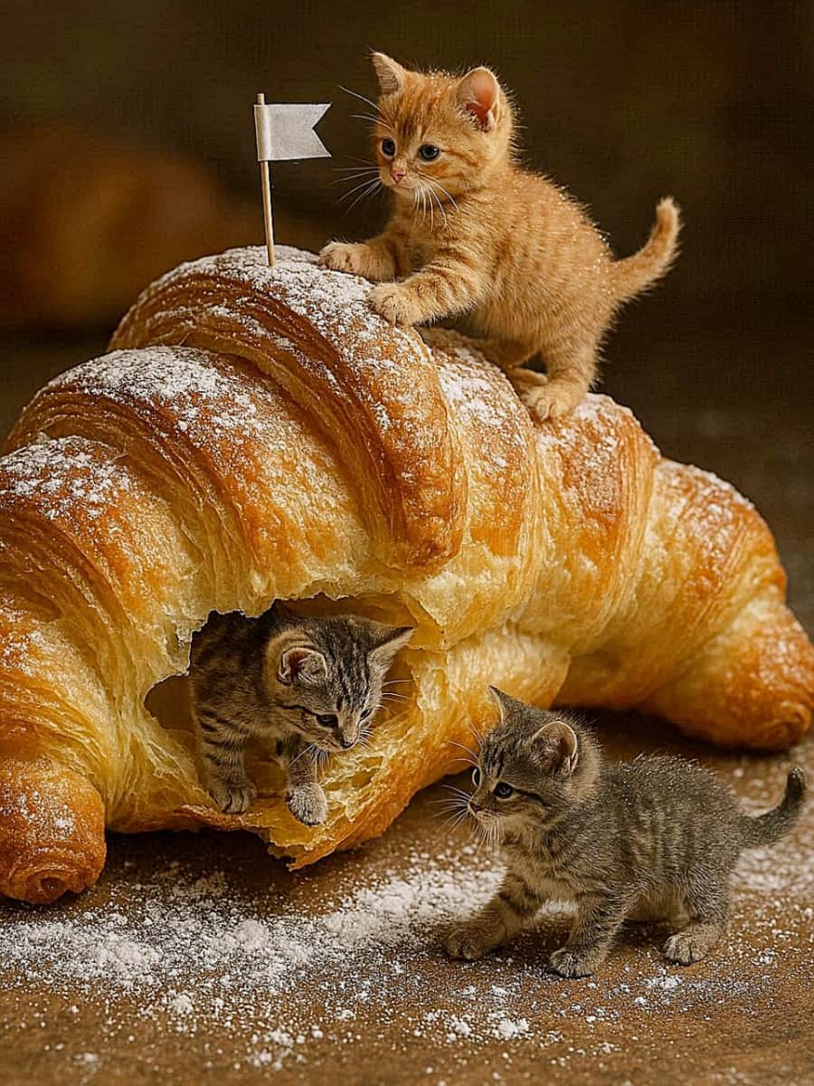 「サクサクの頂上で、ちび猫が勝利の旗を掲げる!🐱」Three miniature kittens interact with a giant croissant in a hyper‑realistic diorama scene. One orange kitten stands atop the croissant beside a white toothpick flag, while two gray tabby kittens explore below—one emerging from a flaky gap in the croissant, the other watching nearby. Powdered sugar dusts the croissant and the surface beneath, resembling snow. The croissant’s texture is golden, crisp, and buttery, and the kittens appear toy‑sized with soft fur. The lighting and depth of field evoke professional food photography. 巨大なクロワッサンと戯れる3匹のミニチュア子猫たちを描いた、超リアルなジオラマ風写真。頂上には白い旗の爪楊枝のそばに立つオレンジの子猫、下にはクロワッサンの隙間から顔を出す灰色の子猫と、それを見守るもう一匹の子猫。粉砂糖がクロワッサンと地面に雪のように降り積もり、黄金色のサクサクした質感とバターの層が美しく描写されている。ライティングはフードフォト風で、浅い被写界深度が印象的