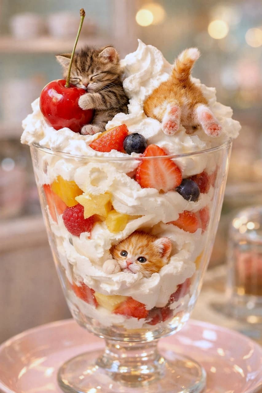 「パフェは大冒険の舞台🍨✨ チェリーをハグしてスヤァ…、クリームにダイブ!甘〜い子猫たちに夢中💕 #猫 #パフェ #スイーツ #ジオラマ」A whimsical, hyperrealistic diorama vertical (9:16) photograph of tiny miniature kittens inside a giant glass parfait cup layered with whipped cream, strawberries, blueberries, mango, and pineapple. On top, a small brown tabby kitten hugs a large cherry with a stem and sleeps. Next to it, an orange tabby kitten dives into the cream, with only its butt and hind paws with pink pads visible. Below, another orange tabby kitten peeks out from the layers of cream. The background is a pastel, blurred café light bokeh. Extremely detailed fur. 巨大なガラスのパフェグラスにホイップクリーム、イチゴ、ブルーベリー、マンゴー、パイナップルが層になっている、縦長(9:16)の超リアルな幻想的ジオラマ風写真。一番上には、キジトラ子猫が大きなチェリー(茎付き)をハグして眠っており、その隣で茶トラ子猫がクリームにダイブしてお尻と後ろ足のピンクの肉球だけが見えている。グラスの下の方では、別の茶トラ子猫がクリームの層から顔を覗かせている。背景はパステル調のボケたカフェの照明(玉ボケ)。子猫の毛並みが非常にリアル