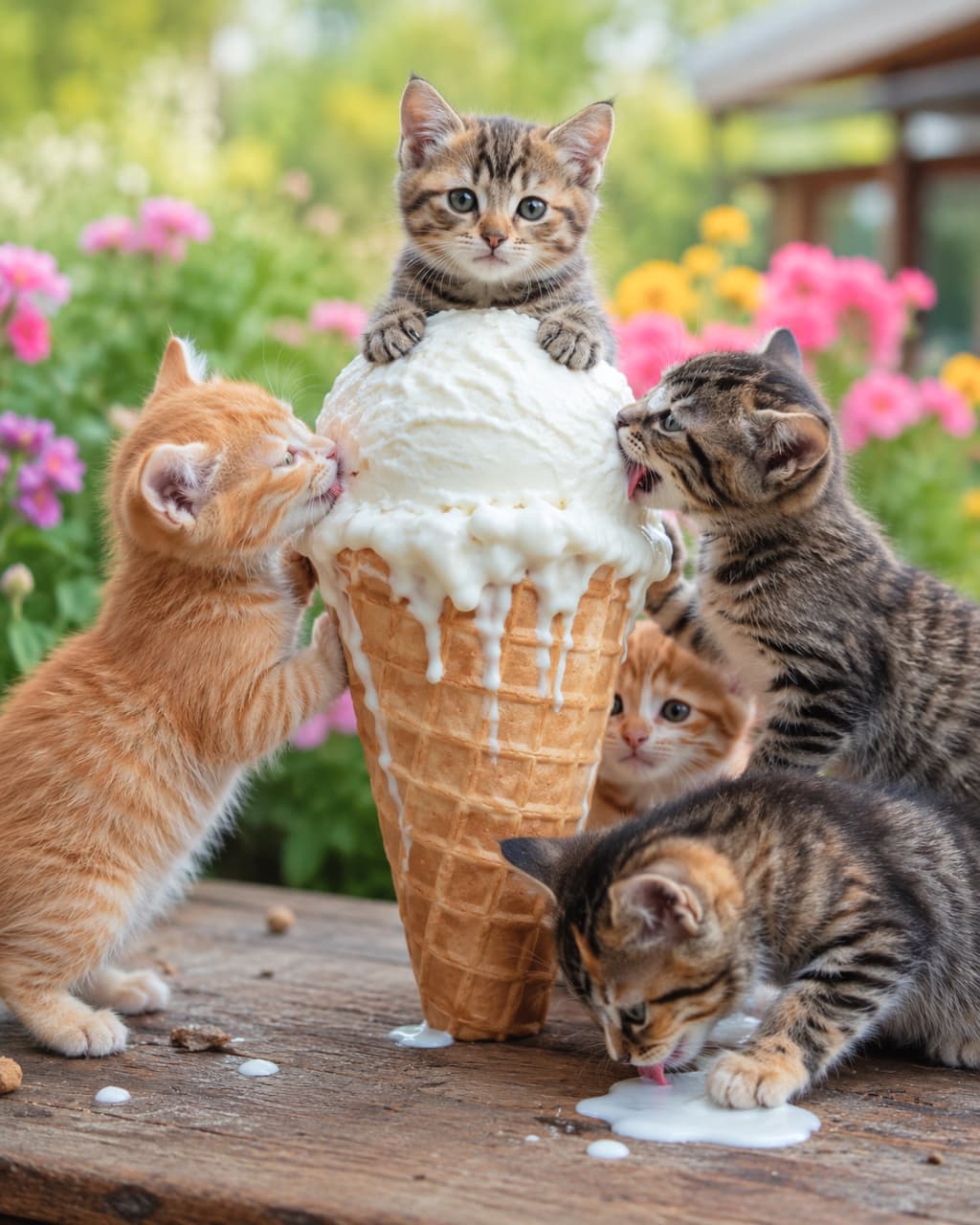 「あーあ!溶けちゃったアイスは僕たちのものニャ🤤🍦お花畑のお庭で開かれた、秘密のスイーツパーティーへようこそ🐈🌸 #子猫のいる生活 #アイスクリーム #猫好きさんと繋がりたい #スイーツテロ」Ultra-realistic high-quality photograph of five playful kittens gathered around a melting giant vanilla ice cream cone on a wooden table. Orange and brown tabbies enthusiastically lick the ice cream and melted drops against a beautiful garden background with blooming pink flowers. 木のテーブルに置かれた溶けかけの巨大なバニラアイスクリームコーンに群がる5匹の子猫たち。アイスを舐める茶トラやキジトラ、テーブルにこぼれたミルクを舐めるキジトラなど、それぞれの無邪気な行動が、ピンクの花が咲く美しい庭の背景とともに鮮明に描写されています