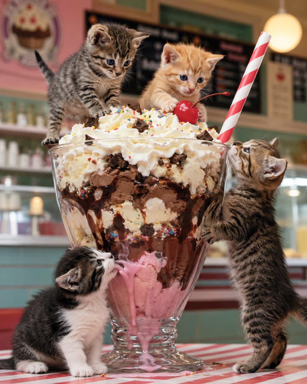 「チョコとアイスの山を大冒険!🐾🍨あま〜い香りに誘われて集まってきたにゃんこ達が可愛すぎます🤤💕 #アメリカンダイナー #猫とおやつ #猫好きさんと繋がりたい #スイーツテロ」Ultra-realistic high-quality photograph of four kittens interacting with a massive chocolate sundae. A brown tabby sits on whipped cream, an orange tabby touches a cherry, a bicolor kitten licks melted pink ice cream, and another brown tabby stands against the glass in a retro diner setting. アメリカンダイナー風の背景に置かれた巨大なチョコレートサンデーと4匹の子猫。ホイップに乗るキジトラ、チェリーに触れる茶トラ、溶けたストロベリーアイスを舐めるハチワレ、グラスに立ち上がるキジトラが、シロップの照りや毛並みの立体感まで緻密に表現されています