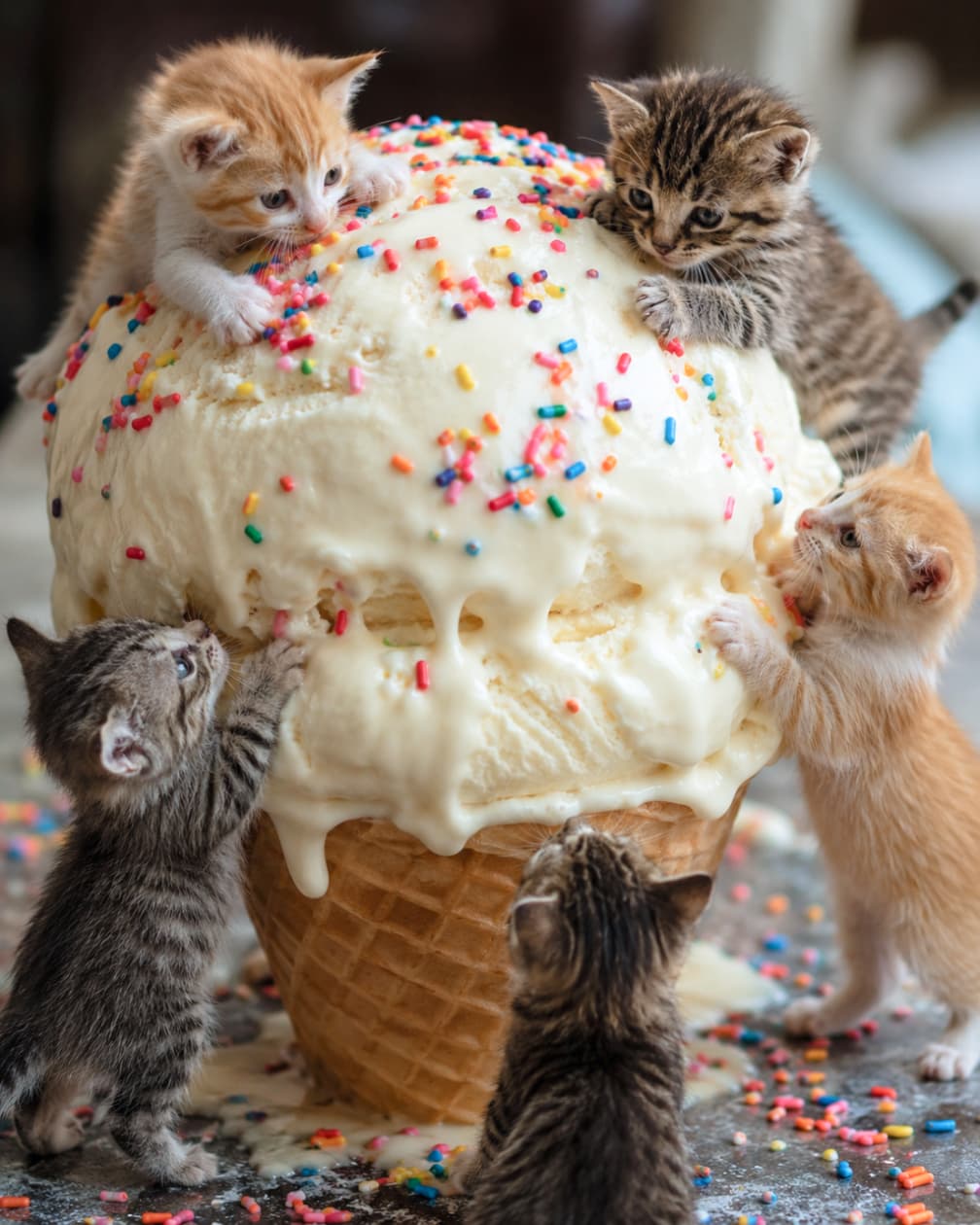 「まるで雪山登山!?🏔️🍦巨大アイスの頂上を目指すにゃんこ探検隊が大奮闘中🐾カラフルなスプレーがとってもポップ✨ #猫の冒険 #アイス部 #子猫のいる生活 #アイスクリーム #猫好きさんと繋がりたい #スイーツテロ」Ultra-realistic high-quality photograph of four kittens attempting to climb a giant vanilla ice cream cone covered in colorful sprinkles. Features an orange bicolor, a brown tabby, a silver tabby, and an orange tabby reaching up, highlighted by dramatic lighting against a dark, moody background. カラフルなチョコスプレーが散りばめられた巨大なバニラアイスクリームコーンと、それに登ろうとする4匹の子猫。頂上付近の茶白とキジトラ、下から手を伸ばすサバトラと茶トラの真剣な眼差しが、シックで落ち着いた背景の中でドラマチックな陰影とともに捉えられています