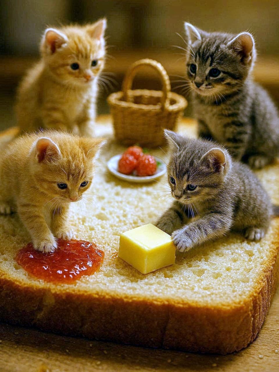 「ふかふか食パンの上で何やら相談中?🍞🐾 イチゴジャムとバターも準備万端で可愛すぎるお茶会です🍓✨」Ultra-realistic high-quality photograph of four kittens sitting on a thick slice of fluffy bread. In the foreground are strawberry jam and a square of butter, and in the background is a small plate of strawberries and a tiny basket. ふかふかの厚切り食パンの上にちょこんと座る4匹の子猫たちの高画質画像。手前にはこぼれたイチゴジャムと四角いバター、奥にはイチゴの乗った小皿と小さなカゴが配置されている