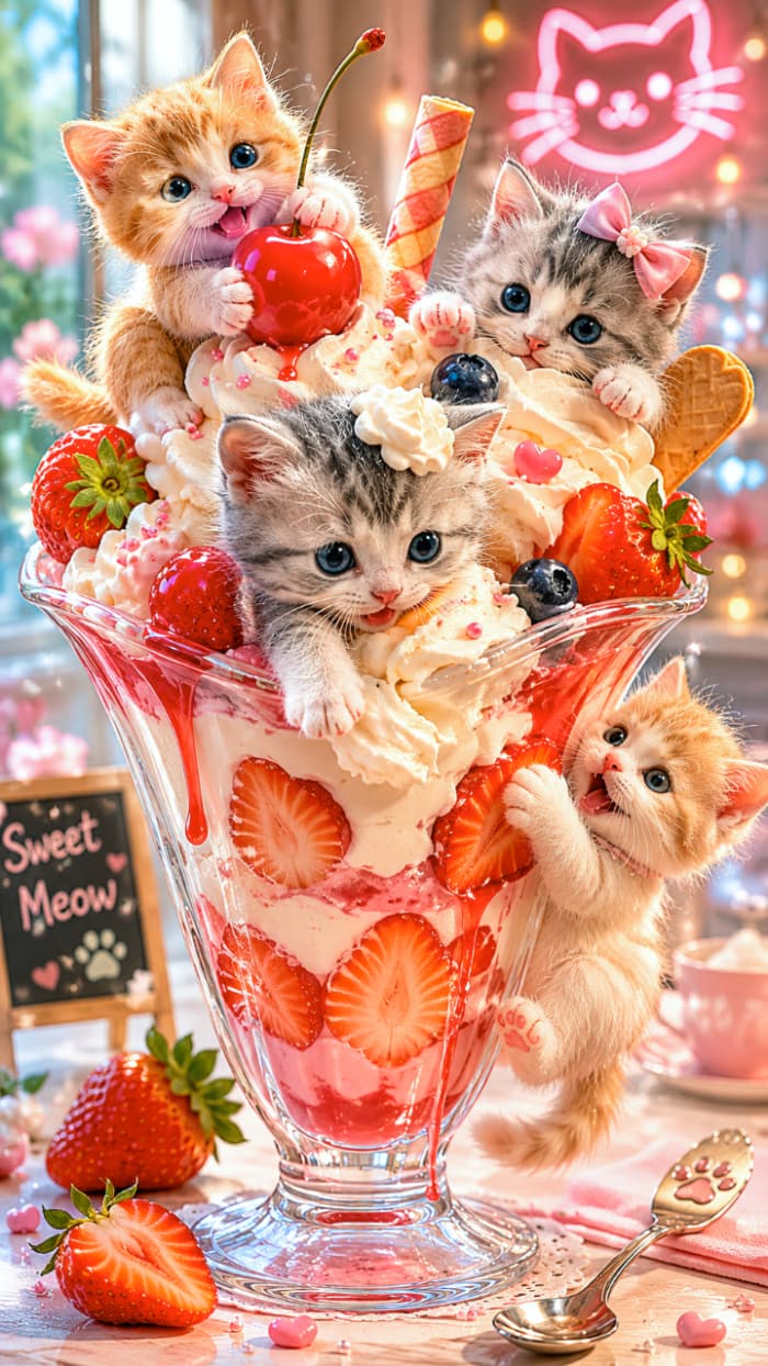 「スイーツより甘い誘惑?🤤🍓巨大パフェを占拠するにゃんこ達が可愛すぎる!あなたはどの子推し?🐈✨ #猫好きさんと繋がりたい #スイーツテロ」Ultra-realistic high-quality photograph of four kittens playing in a giant strawberry parfait. Features an orange tabby holding a cherry, a silver tabby with a pink bow, a silver tabby peeking from cream, and an orange tabby clinging to the glass, set in a brightly lit cafe with neon signs. 巨大ないちごパフェに群がる4匹の子猫たち。チェリーを抱える茶トラ、ピンクのリボンをつけたサバトラ、クリームから顔を出すサバトラ、グラスにしがみつく茶トラが、ネオン輝くカフェの背景と鮮やかな光のニュアンスの中で生き生きと緻密に描かれています