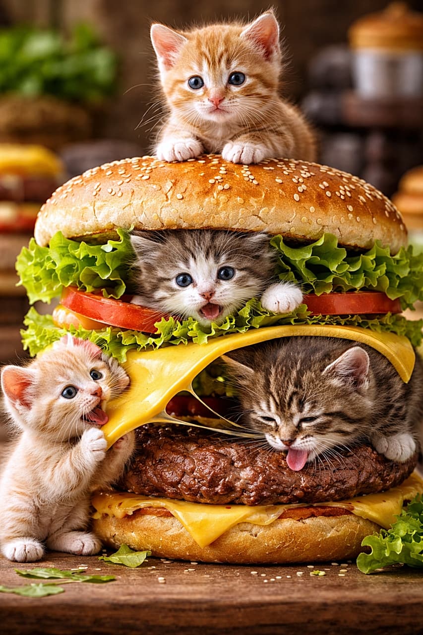 「巨大バーガーに子猫が大集合!遊び心あふれるもぐもぐタイム🍔🐾」Four tiny kittens play with a giant hamburger: one perches on the top bun, one peeks between lettuce layers, one tugs at a slice of cheese, and another licks the meat patty in a photorealistic, humorous scene. 巨大なハンバーガーで遊ぶ4匹の子猫。1匹はバンズの上に乗り、1匹はレタスの間に挟まり、1匹はチーズを引っ張り、もう1匹はパティをなめているフォトリアルでユーモラスなシーン